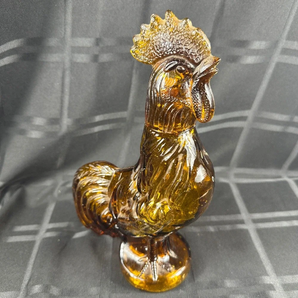 Vintage Amber Glass Rooster Decanter Figurine Mid Century Farmhouse Decor 12.5in